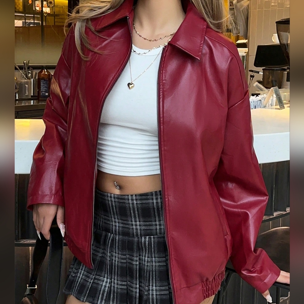 Casual Off-Shoulder Zipped PU Leather Coat - Picture 1 of 4